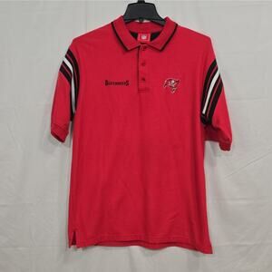 NFL Tampa Bay Buccaneers Mens Lg Red Polo Shirt Logo Striped Sleeves